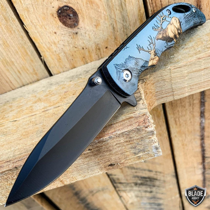 7" Military Animal Design Spring Assisted Open Folding Pocket Knife Deer - BLADE ADDICT