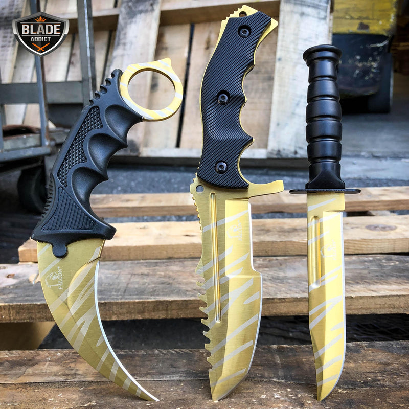 3PC COMBO CSGO Tactical Fixed Blade Knife Set - Karambit, Huntsman, Combat Knife Gold - BLADE ADDICT