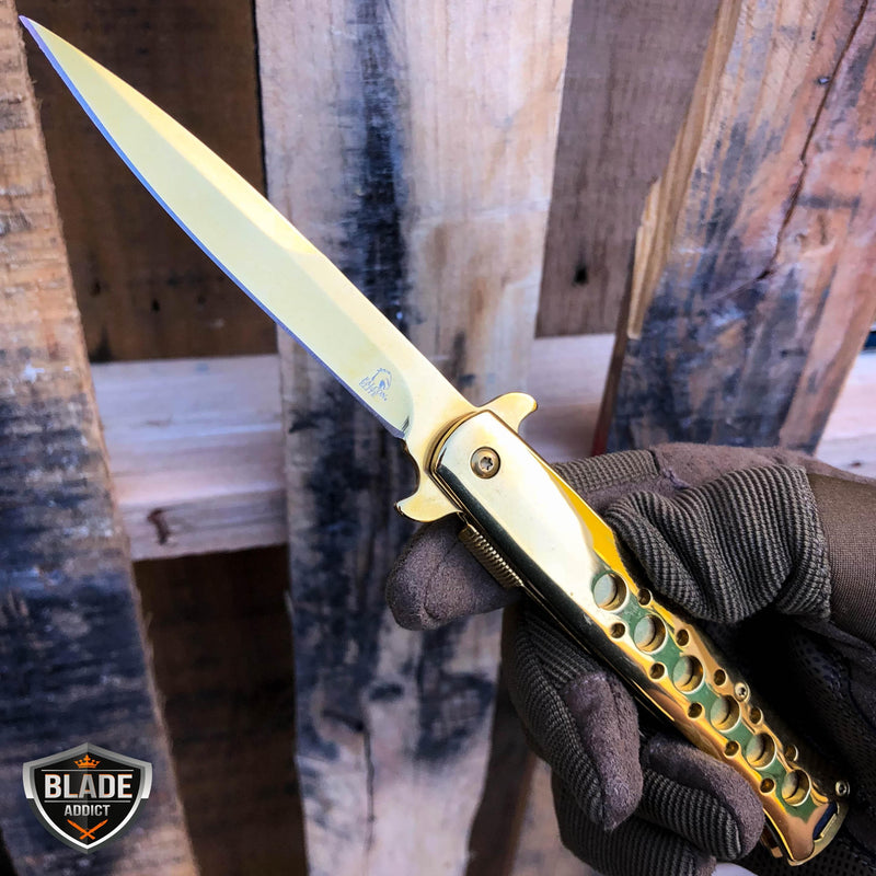 9" SPRING ASSISTED TACTICAL STILETTO Folding POCKET KNIFE Gold - BLADE ADDICT