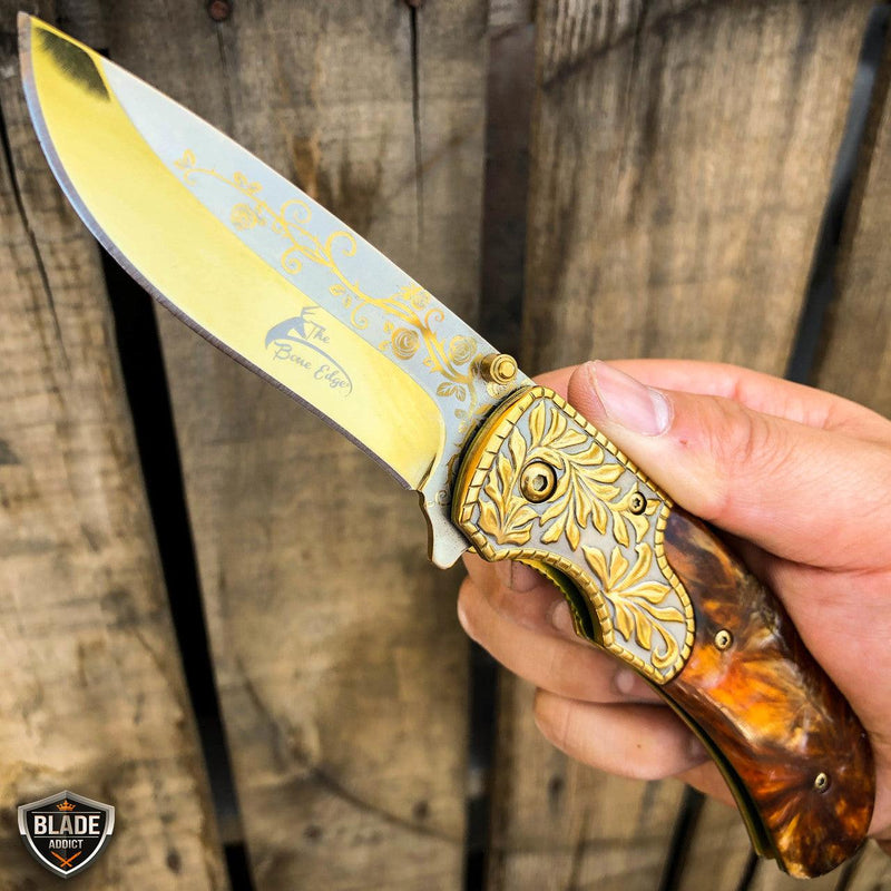 8.25" FLORAL Tactical Spring Assisted Open Folding Pocket Knife Blade Gold w/ Brown Swirl - BLADE ADDICT