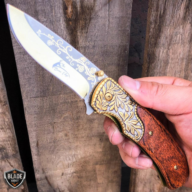8.25" FLORAL Tactical Spring Assisted Open Folding Pocket Knife Blade Gold w/ Brown Wood - BLADE ADDICT