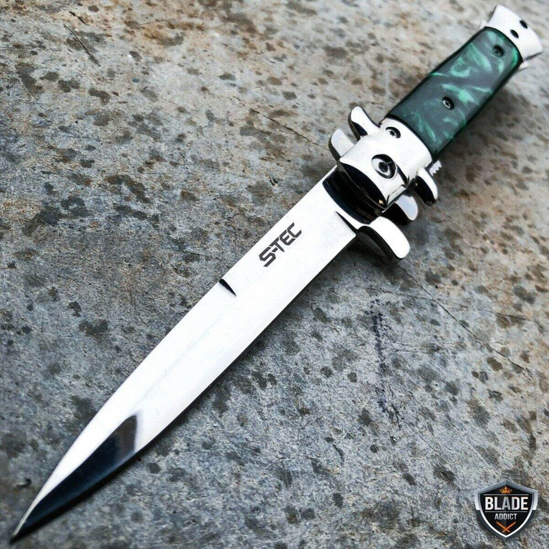 9" Classic Italian Milano Spring Assist Folding Stiletto Pocket Knife Green - BLADE ADDICT