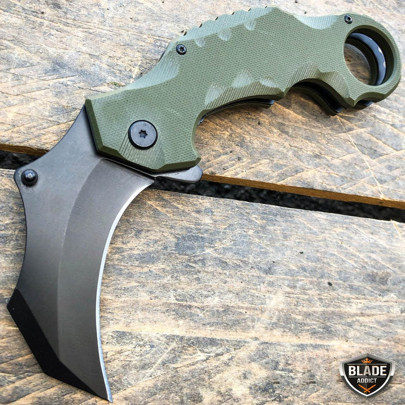 TACTICAL Spring Assisted Open G10 KARAMBIT Claw Folding Pocket Knife Green - BLADE ADDICT