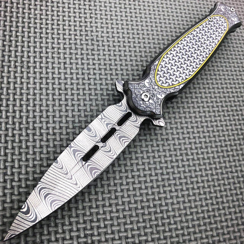 8.25" Damascus Etch Dirk Dagger Spring Open Assisted Pocket Knife Grey - BLADE ADDICT