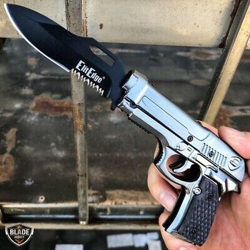 8" Tactical Spring Assisted HAND Gun PISTOL Folding Pocket Knife Grey w/ Black Handle - BLADE ADDICT