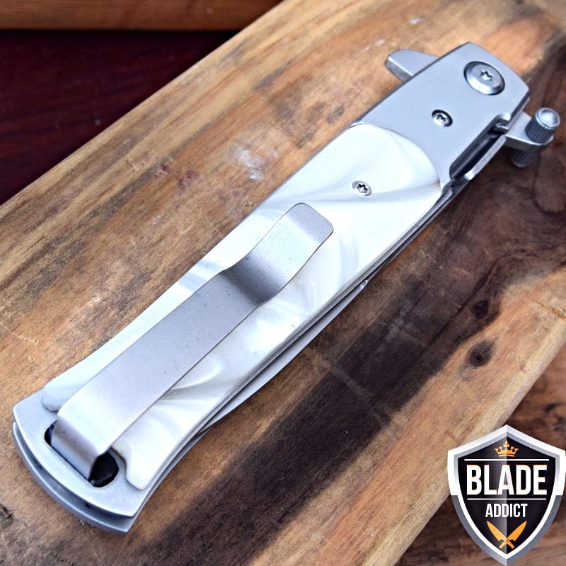 Italian Milano Style Stiletto Pocket Knife Pearl - BLADE ADDICT