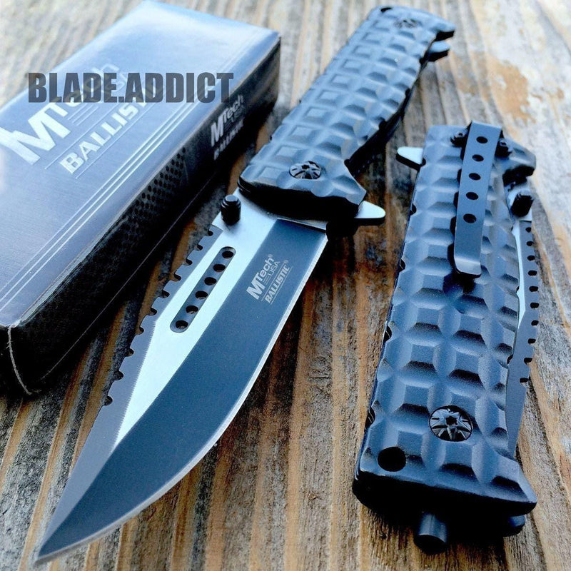 MTECH Black Spring Assisted Open Tactical Rescue Pocket Knife - BLADE ADDICT