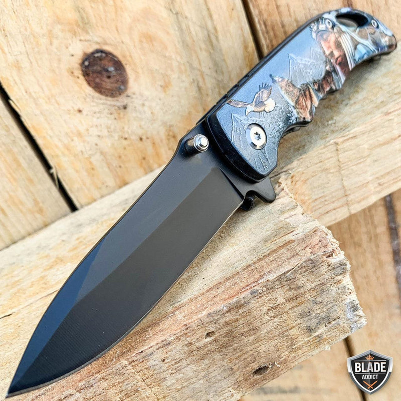 7" Military Animal Design Spring Assisted Open Folding Pocket Knife Native American - BLADE ADDICT