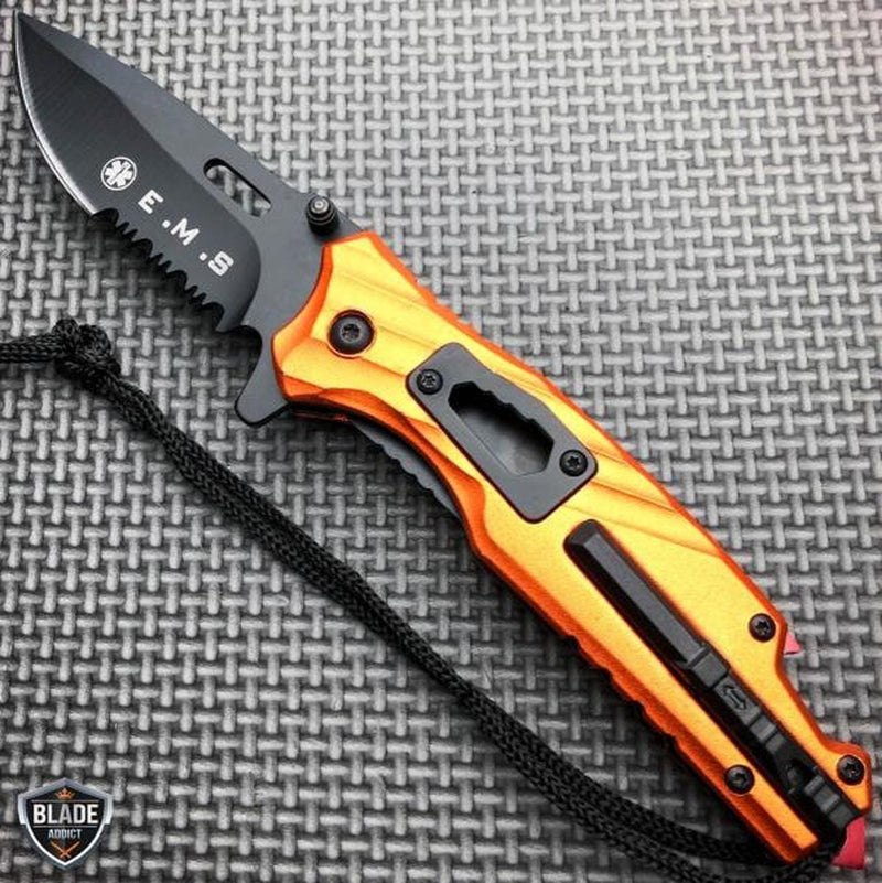 7.75" Military Tactical Spring Assisted Open Folding Blade Knife Orange EMS - BLADE ADDICT