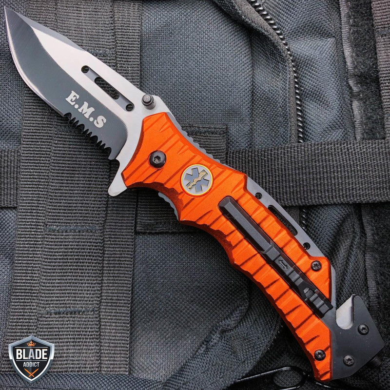 8.25" Tactical Spring Assisted Open Folding Blade Rescue Pocket Knife Orange EMS - BLADE ADDICT