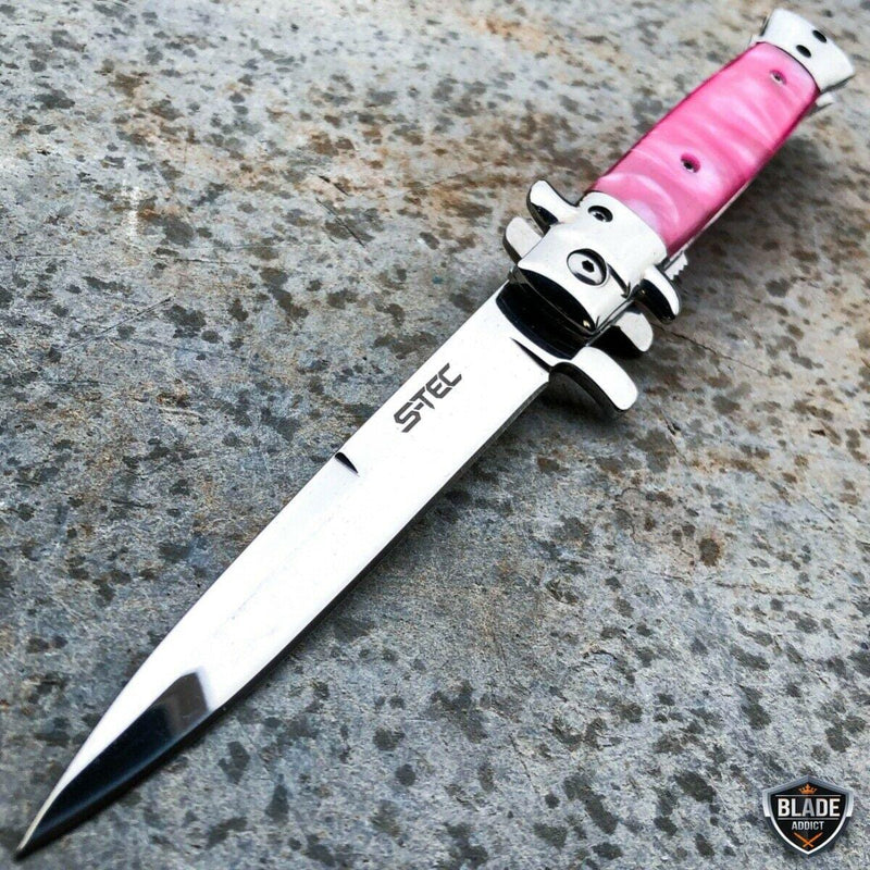 9" Classic Italian Milano Spring Assist Folding Stiletto Pocket Knife Pink - BLADE ADDICT