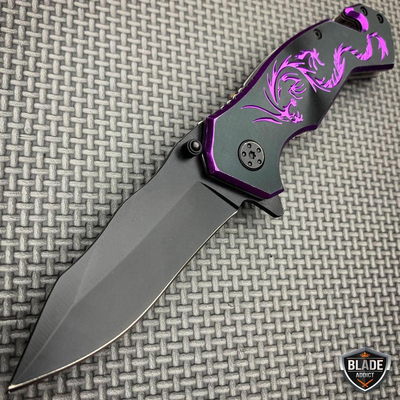 7.75" Fantasy Dragon Spring Assisted Open Rescue Folding Pocket Knife Purple - BLADE ADDICT