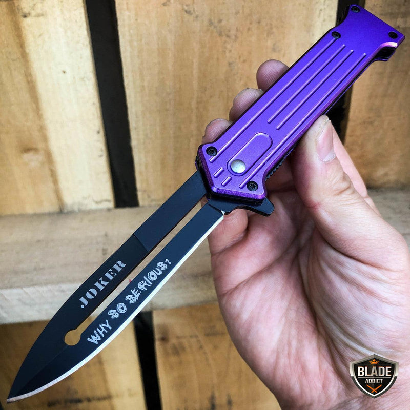 8" JOKER Spring Assisted STILETTO Folding Pocket Knife Blade Purple - BLADE ADDICT