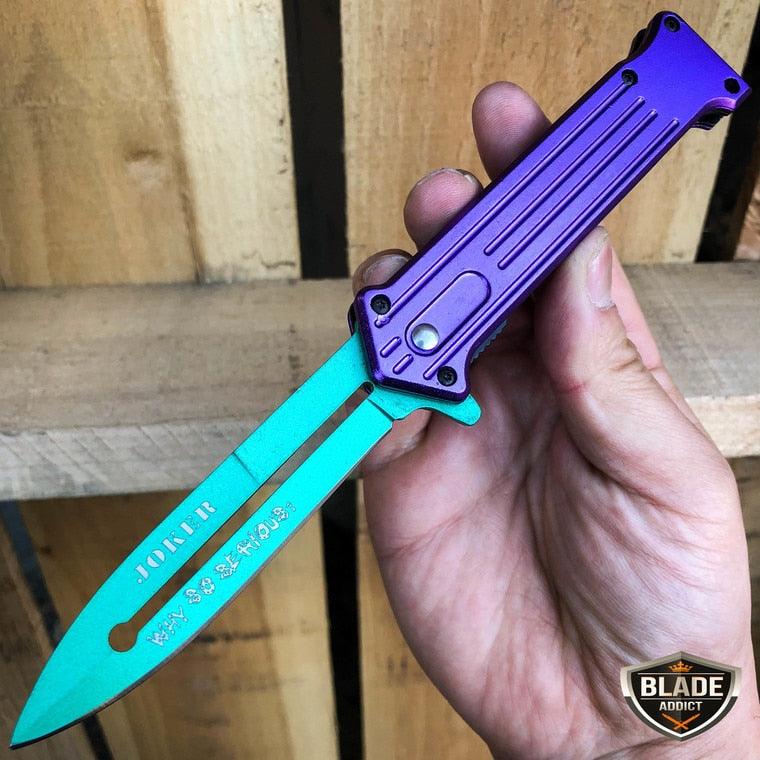 8" JOKER Spring Assisted STILETTO Folding Pocket Knife Blade Purple w/ Turquoise - BLADE ADDICT