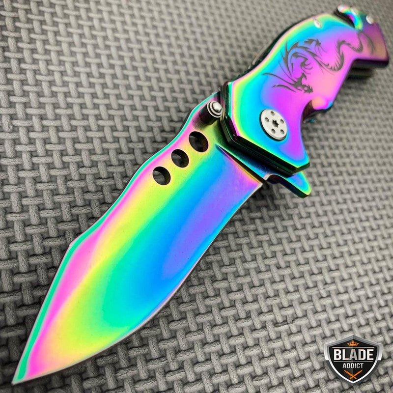 7.75" Fantasy Dragon Spring Assisted Open Rescue Folding Pocket Knife Rainbow - BLADE ADDICT