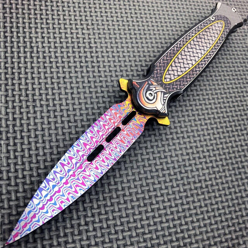 8.25" Damascus Etch Dirk Dagger Spring Open Assisted Pocket Knife Rainbow - BLADE ADDICT