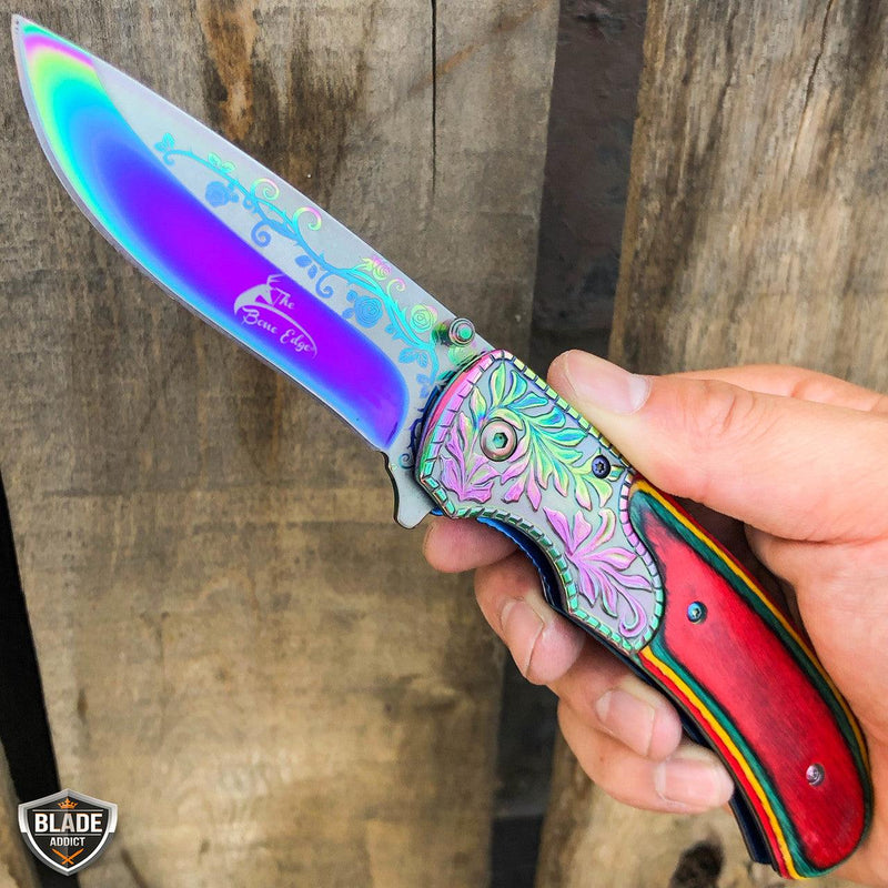 8.25" FLORAL Tactical Spring Assisted Open Folding Pocket Knife Blade Rainbow Multi-Pakkawood - BLADE ADDICT
