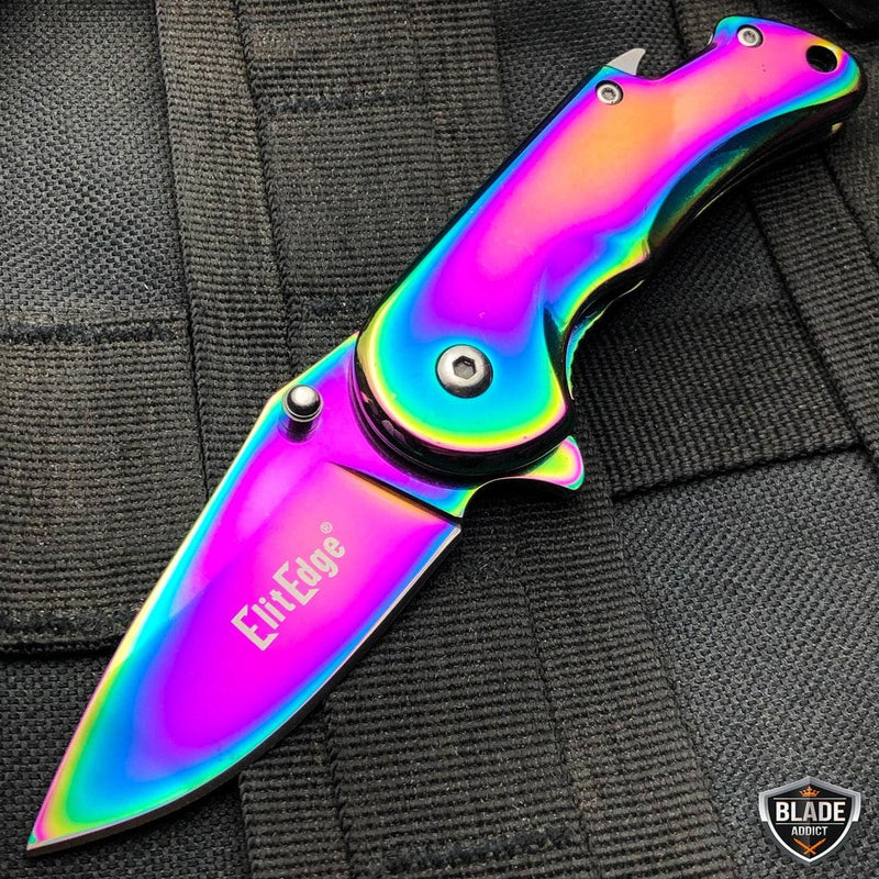 Tactical Spring Assisted Open Folding Pocket Knife w/ Bottle Opener Rainbow - BLADE ADDICT