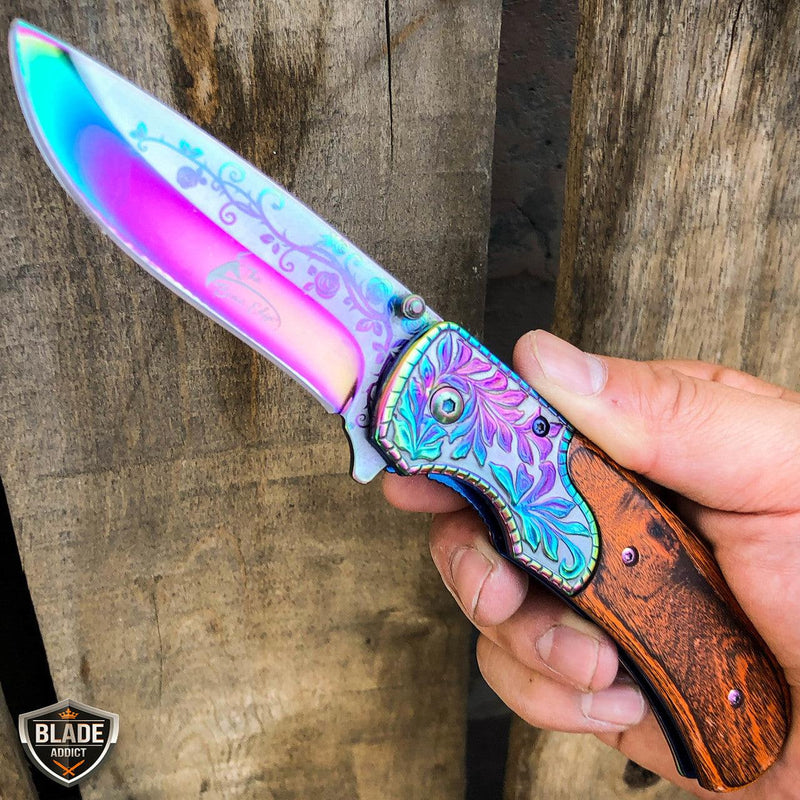 8.25" FLORAL Tactical Spring Assisted Open Folding Pocket Knife Blade Rainbow w/ Brown Wood - BLADE ADDICT