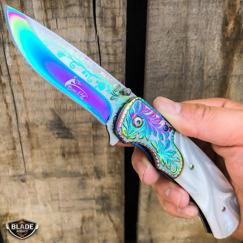 8.25" FLORAL Tactical Spring Assisted Open Folding Pocket Knife Blade Rainbow w/ White Pearl - BLADE ADDICT