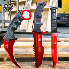 3PC COMBO CSGO Tactical Fixed Blade Knife Set - Karambit, Huntsman, Combat Knife Red - BLADE ADDICT