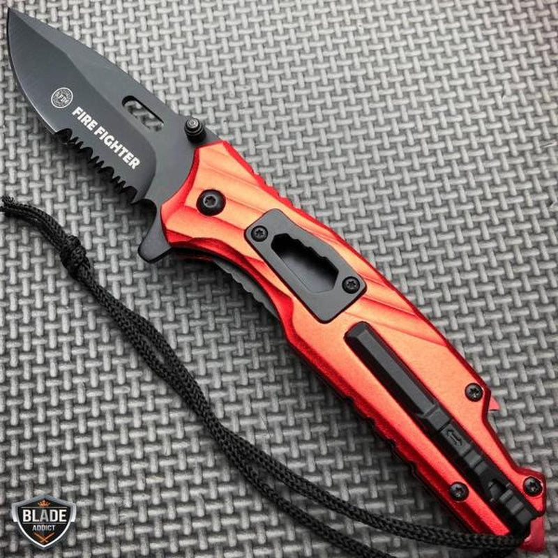 7.75" Military Tactical Spring Assisted Open Folding Blade Knife Red Fire Dept - BLADE ADDICT