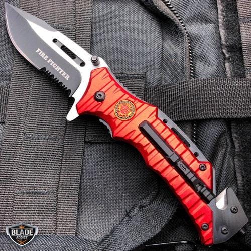 8.25" Tactical Spring Assisted Open Folding Blade Rescue Pocket Knife Red Fire Dept - BLADE ADDICT