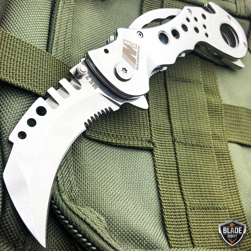 7.5" Heavy Duty Tactical Karambit Claw Spring Assisted Pocket Knife Silver - BLADE ADDICT