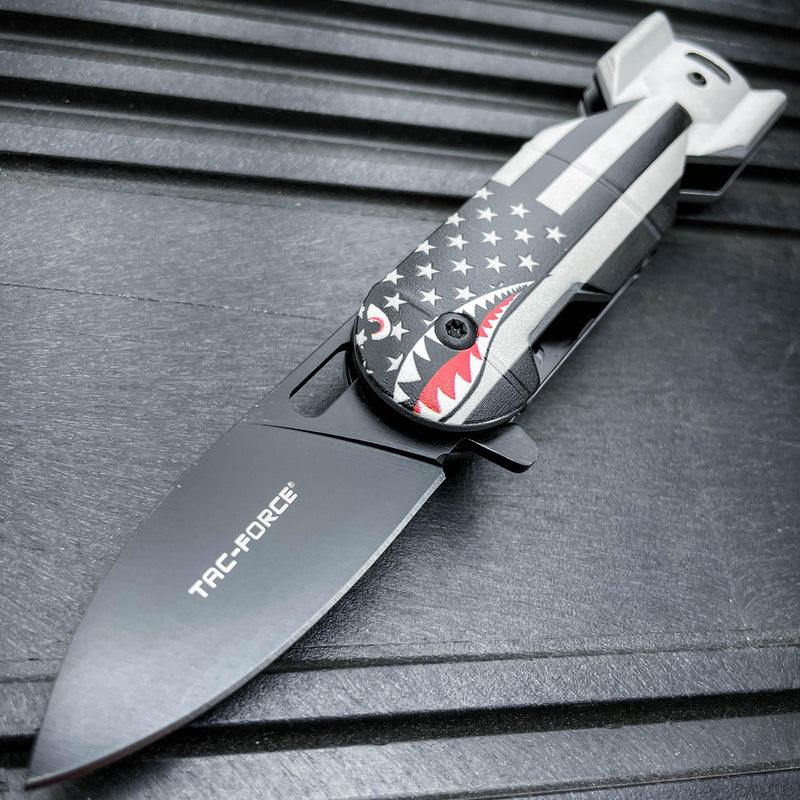 6.25" TAC-FORCE Military Shark Bomb Tactical Spring Assisted Open Folding Pocket Knife SILVER USA FLAG - BLADE ADDICT