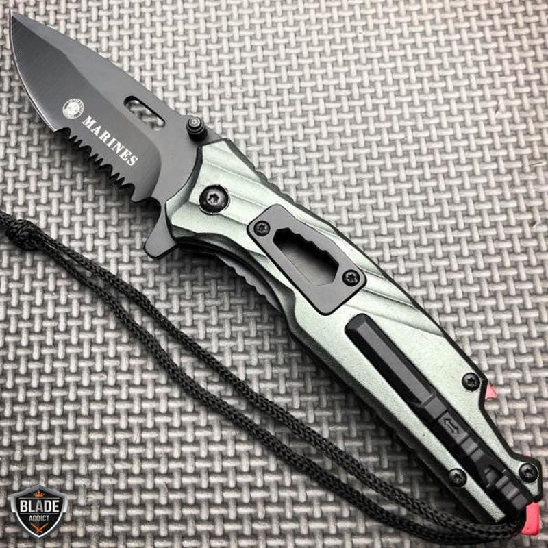 7.75" Military Tactical Spring Assisted Open Folding Blade Knife Silver USMC - BLADE ADDICT