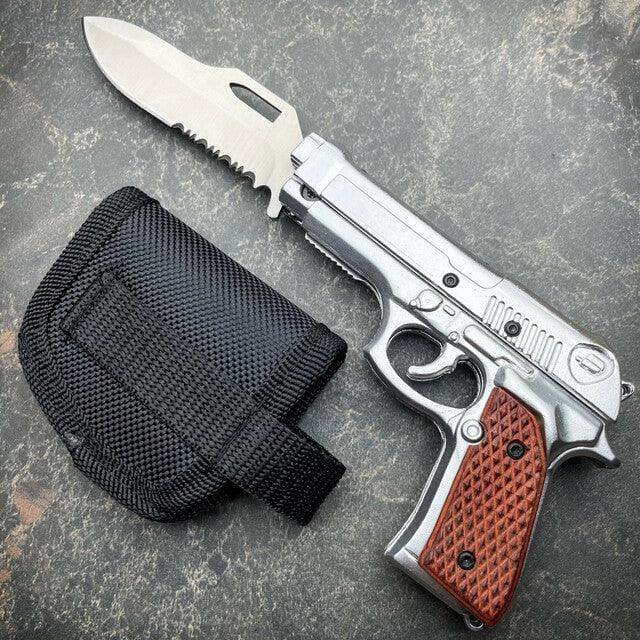 8" Tactical Spring Assisted HAND Gun PISTOL Folding Pocket Knife Silver w/ Brown Handle - BLADE ADDICT