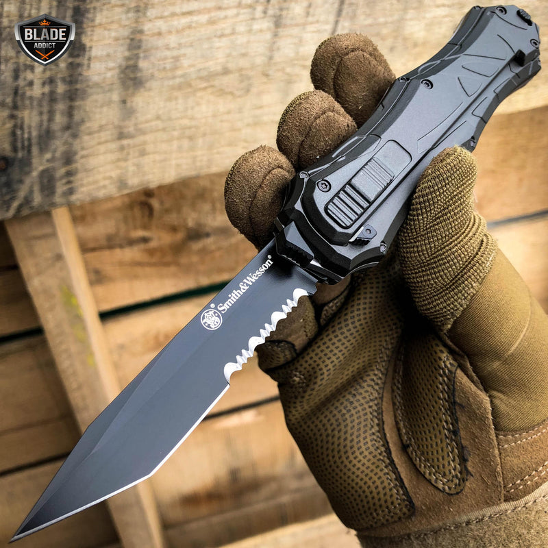 Smith & Wesson OTF Assist Finger Actuator Tanto Knife (3.2" Black Serr) - BLADE ADDICT