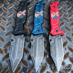 Spring Assisted Open Pocket Knife Punisher US FLAG Skull Folding Blade - BLADE ADDICT
