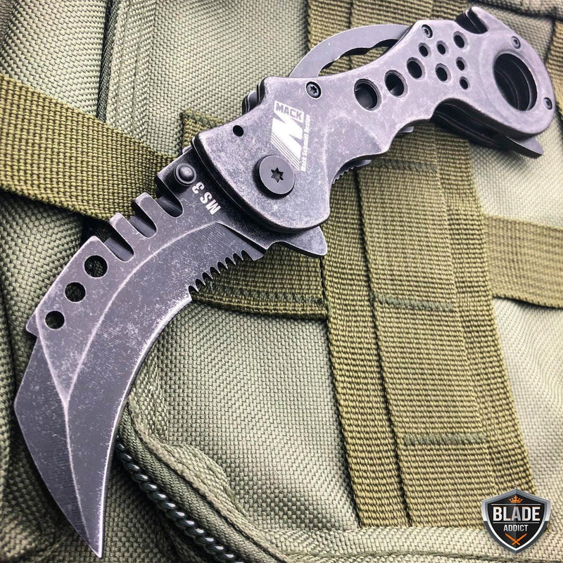 7.5" Heavy Duty Tactical Karambit Claw Spring Assisted Pocket Knife Stonewash - BLADE ADDICT