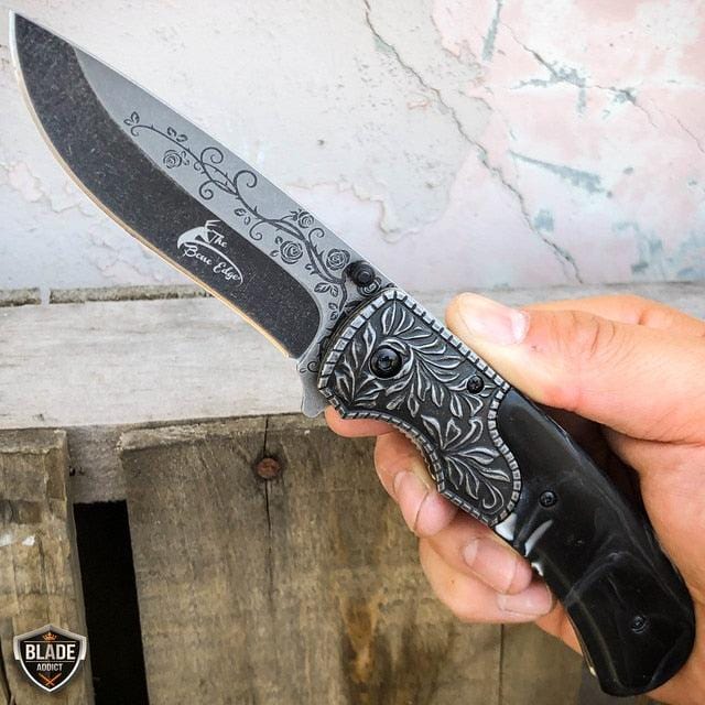 8.25" FLORAL Tactical Spring Assisted Open Folding Pocket Knife Blade Stonewash Grey - BLADE ADDICT