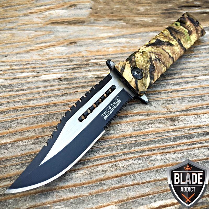 Tac Force Army Camo Spring Assisted Open Sawback Bowie Pocket Knife - BLADE ADDICT