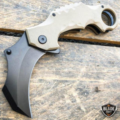 TACTICAL Spring Assisted Open G10 KARAMBIT Claw Folding Pocket Knife Tan - BLADE ADDICT