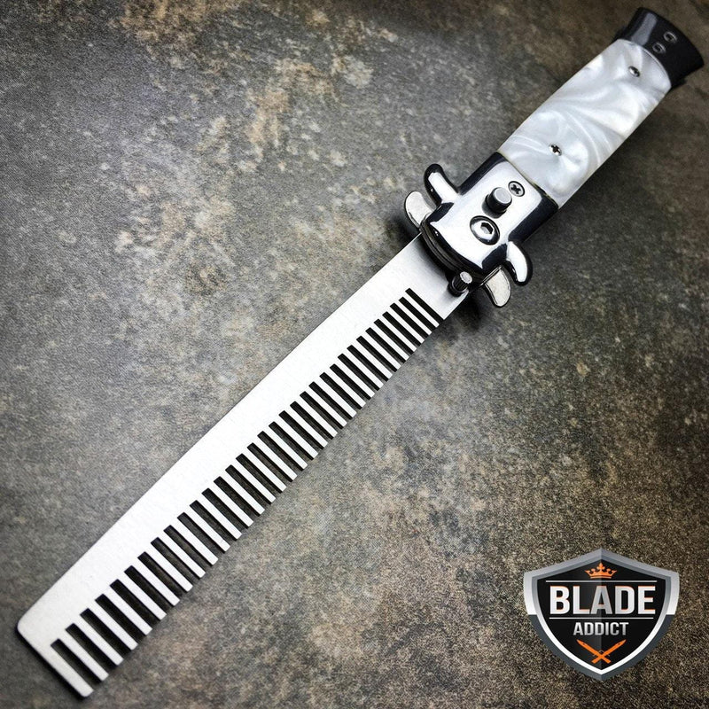 Auto Push Button Folding Comb Switchblade Knife Looking Brush Pearl White - BLADE ADDICT
