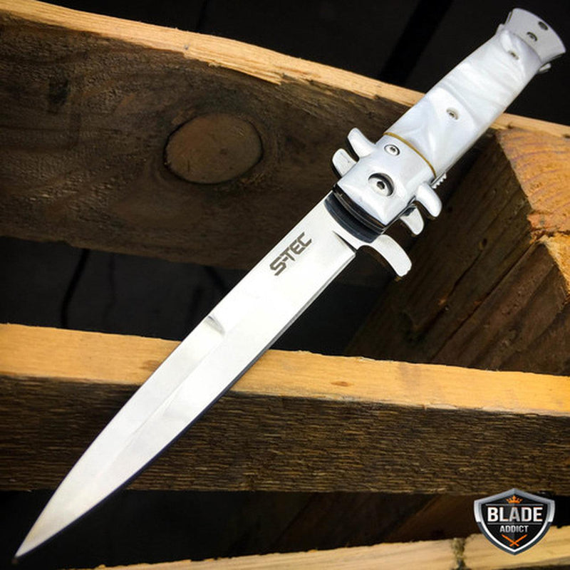 9" Classic Italian Milano Spring Assist Folding Stiletto Pocket Knife White Pearl - BLADE ADDICT