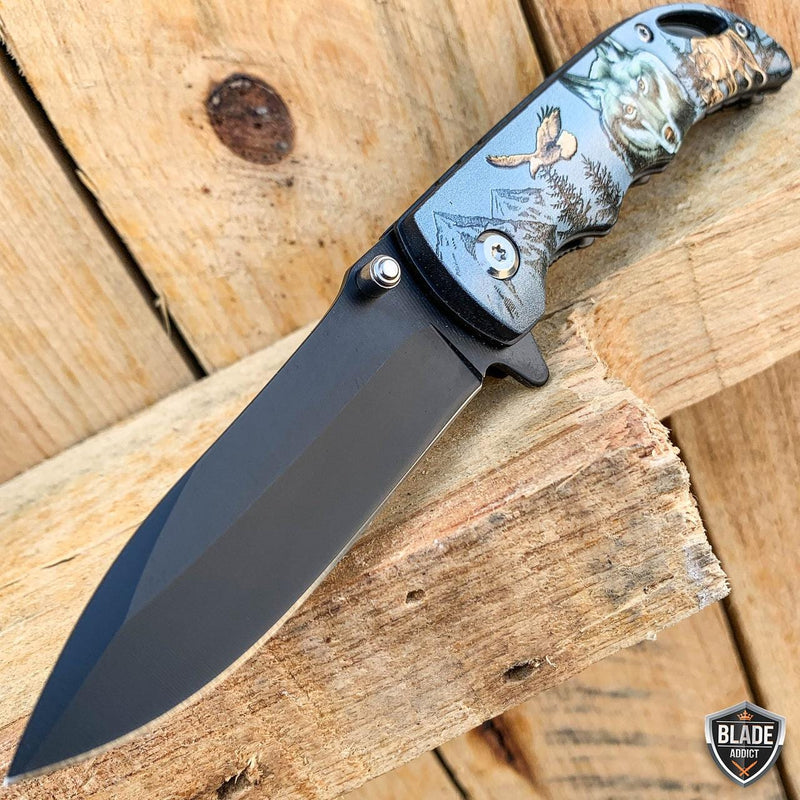 7" Military Animal Design Spring Assisted Open Folding Pocket Knife Wolf - BLADE ADDICT