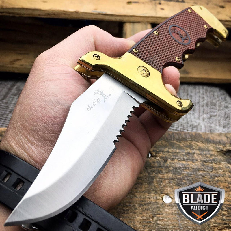 Wood Handle Bowie Style Spring Assisted Folding Pocket Knife Gold - BLADE ADDICT