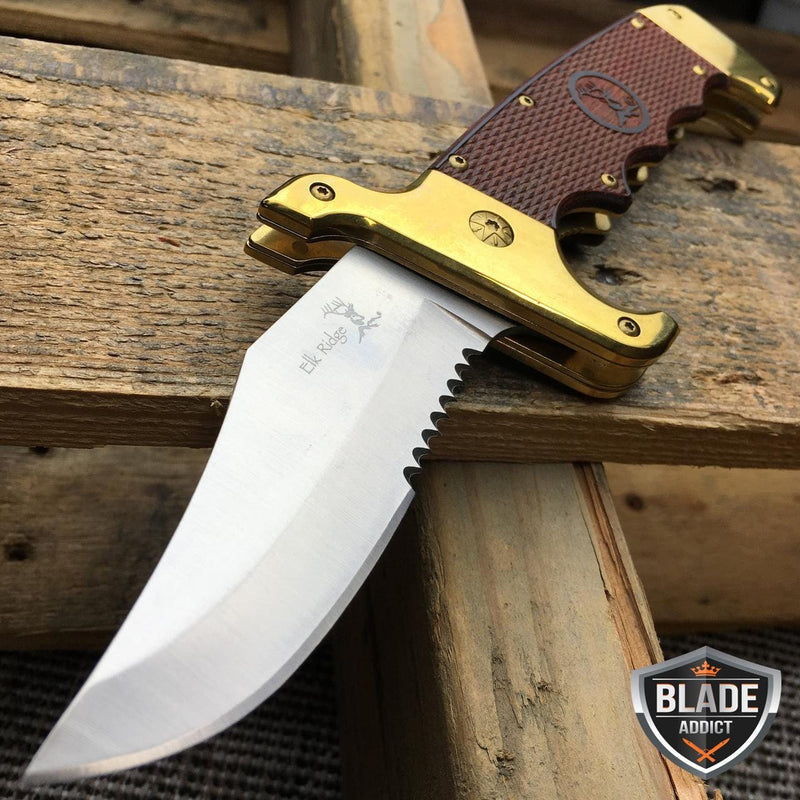 Wood Handle Bowie Style Spring Assisted Folding Pocket Knife Gold - BLADE ADDICT