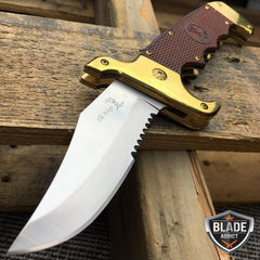 Wood Handle Bowie Style Spring Assisted Folding Pocket Knife Gold - BLADE ADDICT