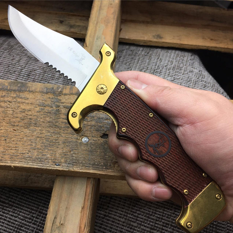 Wood Handle Bowie Style Spring Assisted Folding Pocket Knife Gold - BLADE ADDICT