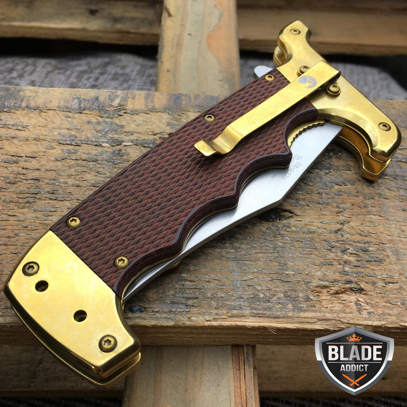 Wood Handle Bowie Style Spring Assisted Folding Pocket Knife Gold - BLADE ADDICT