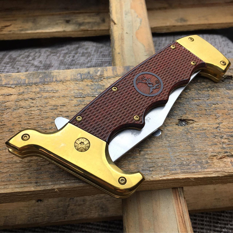 Wood Handle Bowie Style Spring Assisted Folding Pocket Knife Gold - BLADE ADDICT