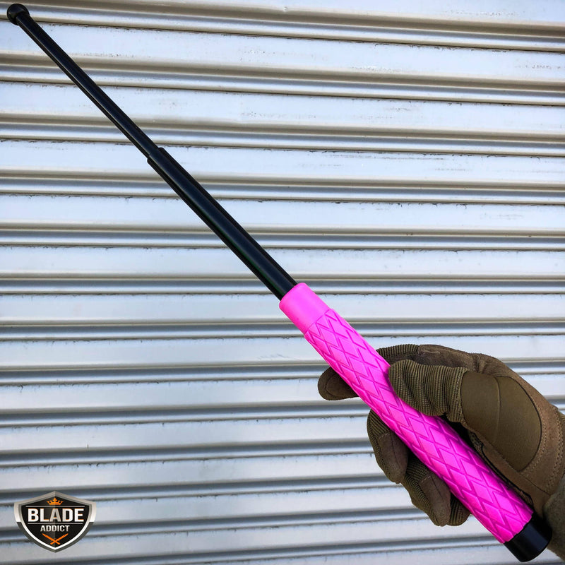 20" Solid Steel Tactical Expandable Baton Stick Self Defense w/ Nylon Pouch - Pink - BLADE ADDICT