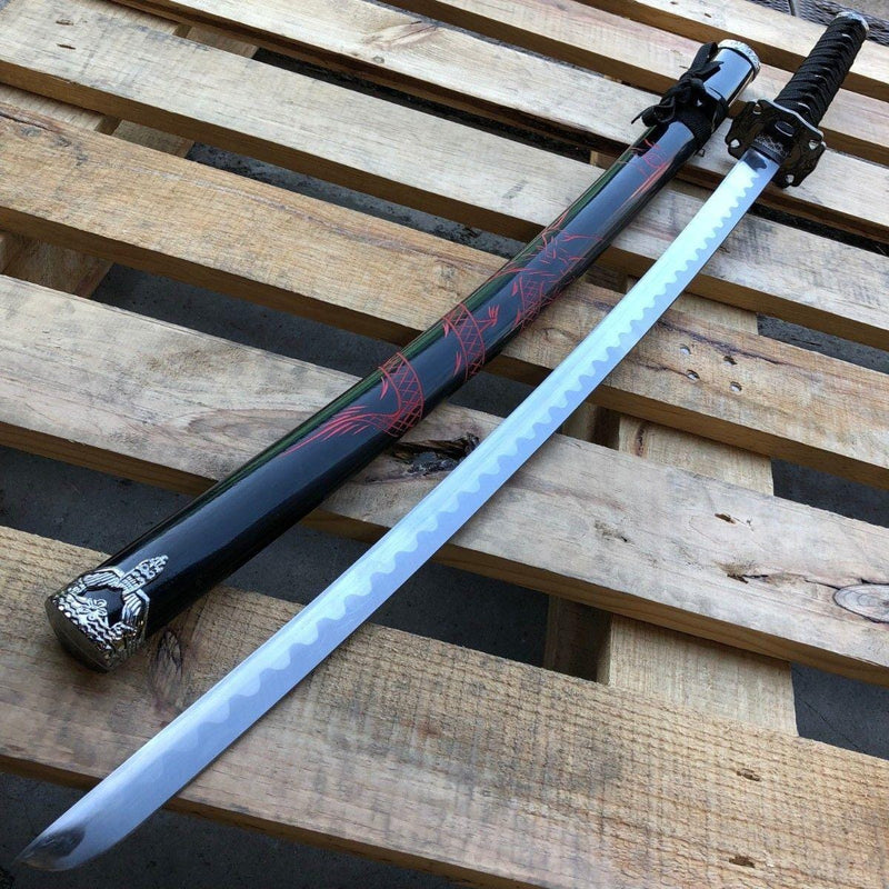 Real Japanese Samurai Sword KATANA High Carbon Steel Ninja Blade Black w/ Red - BLADE ADDICT
