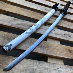 Real Japanese Samurai Sword KATANA High Carbon Steel Ninja Blade White w/ Black Handle - BLADE ADDICT