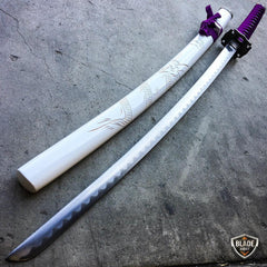 Real Japanese Samurai Sword KATANA High Carbon Steel Ninja Blade White w/ Purple Handle - BLADE ADDICT
